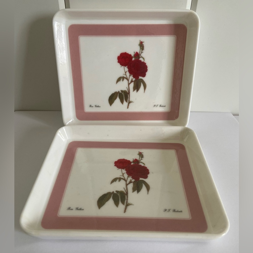 2 small red flower tray Rosa Gallica PT Redoute Design Imports art coaster Italy